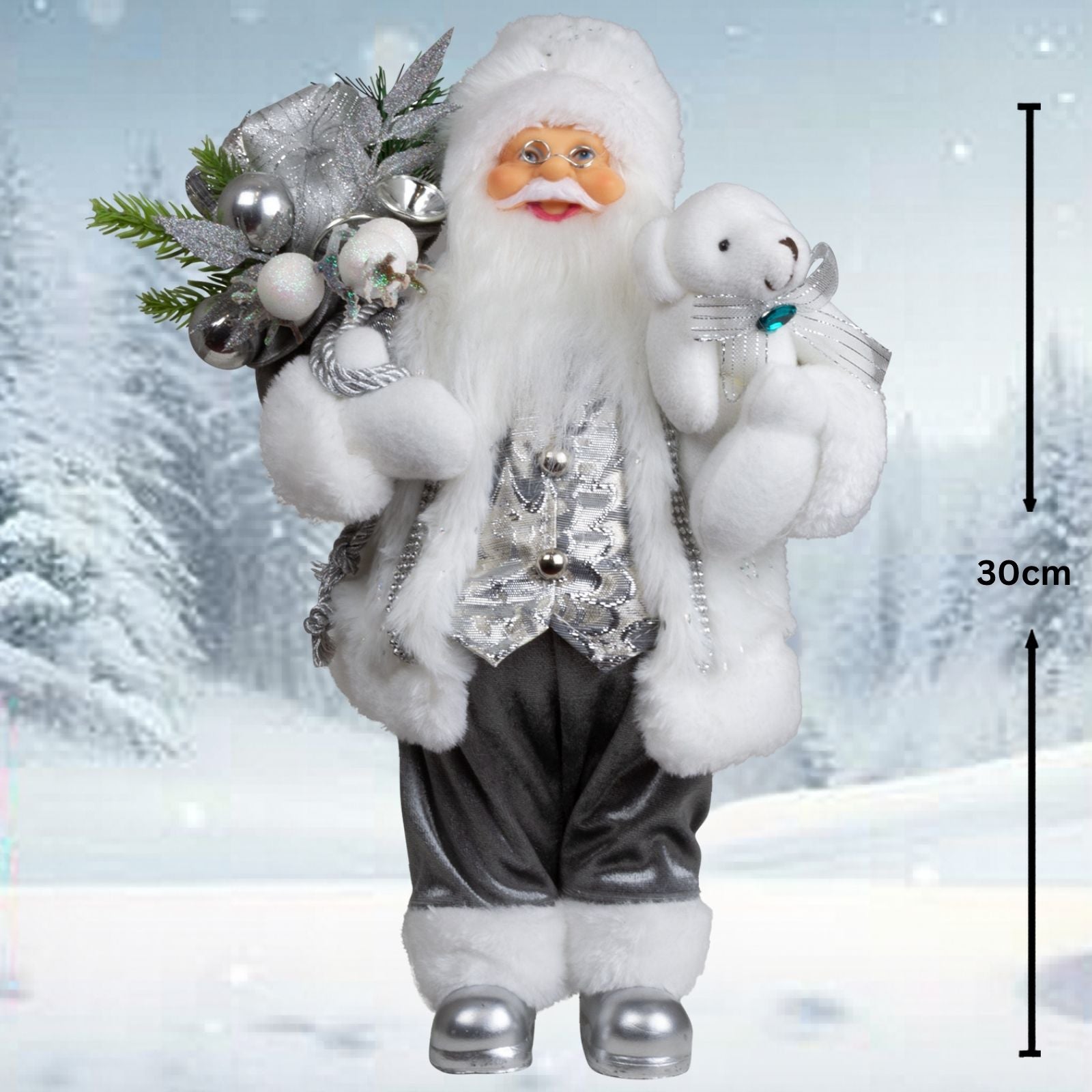 Weihnachtsmann 30 cm stehend mit Kurzem Mantel Teddybär & Geschenken