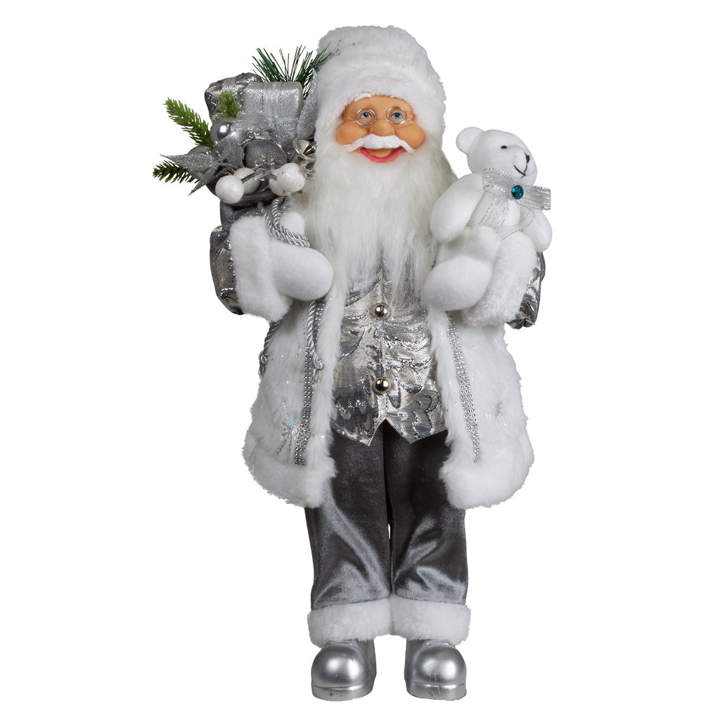 Weihnachtsmann 45 cm stehend mit Kurzem Mantel Teddybär & Geschenken