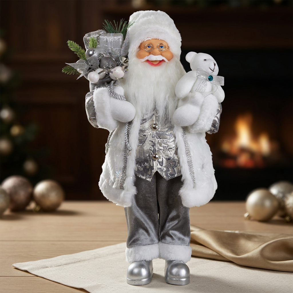 Weihnachtsmann 45 cm stehend mit Kurzem Mantel Teddybär & Geschenken