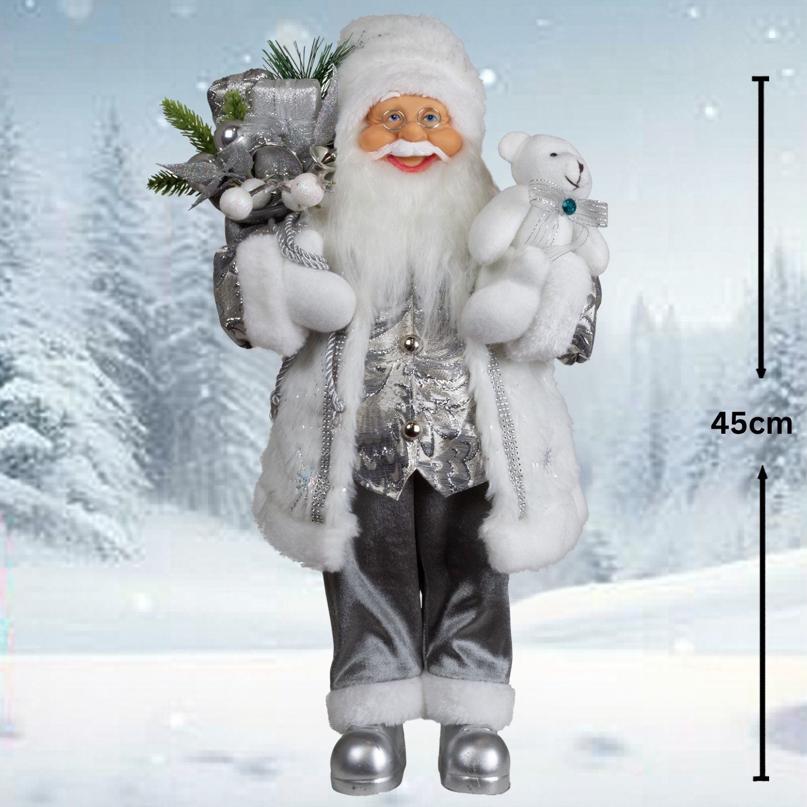 Weihnachtsmann 45 cm stehend mit Kurzem Mantel Teddybär & Geschenken
