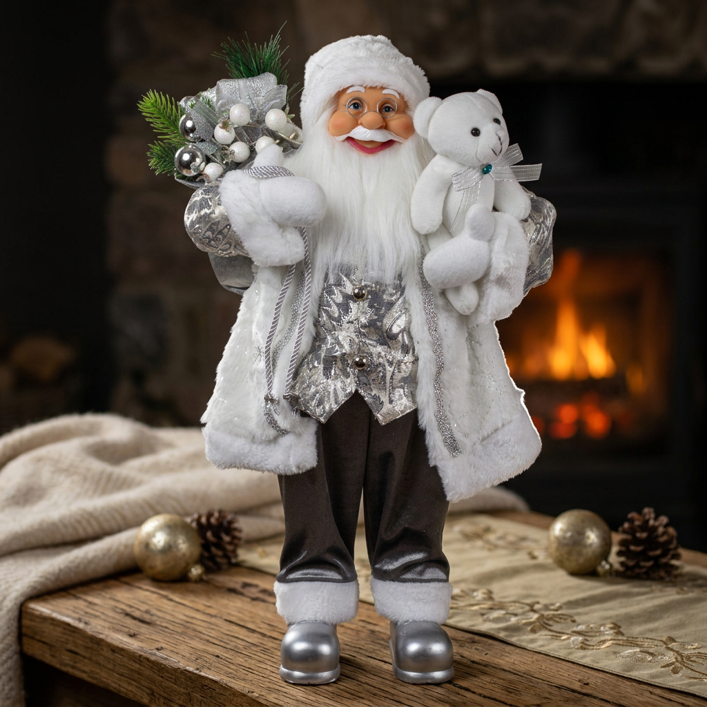 Weihnachtsmann 60 cm stehend mit Kurzem Mantel Teddybär & Geschenken