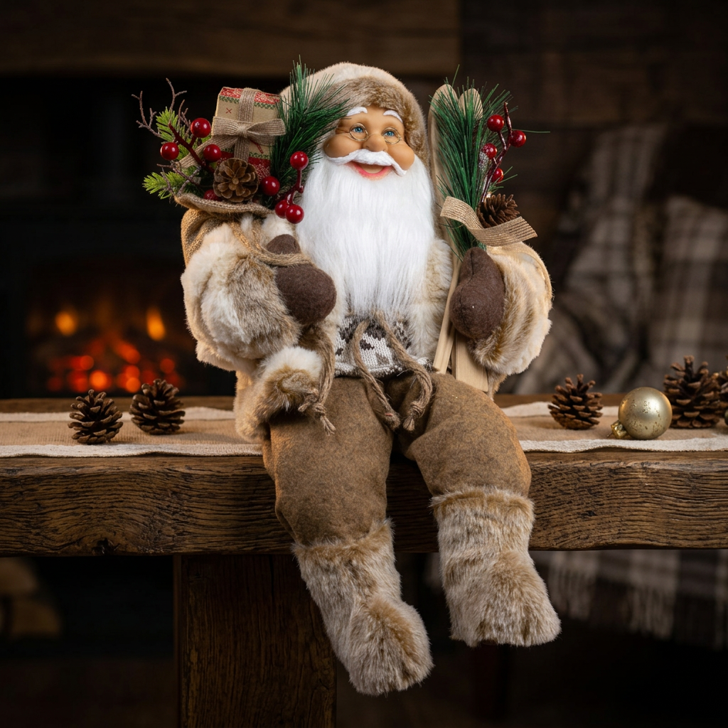 Weihnachtsmann 45 cm Santa mit braunem Mantel Kantenhocker