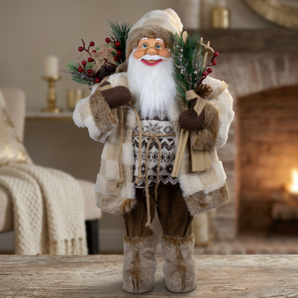 Weihnachtsmann im Winter-Look mit Ski und Beerenzweigen – 60 cm