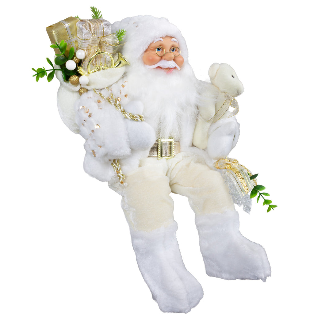 Weihnachtlicher Santa Kantenhocker 45 cm sitzend mit weißem langem Mantel
