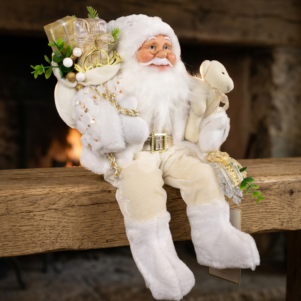 Weihnachtlicher Santa Kantenhocker 45 cm sitzend mit weißem langem Mantel
