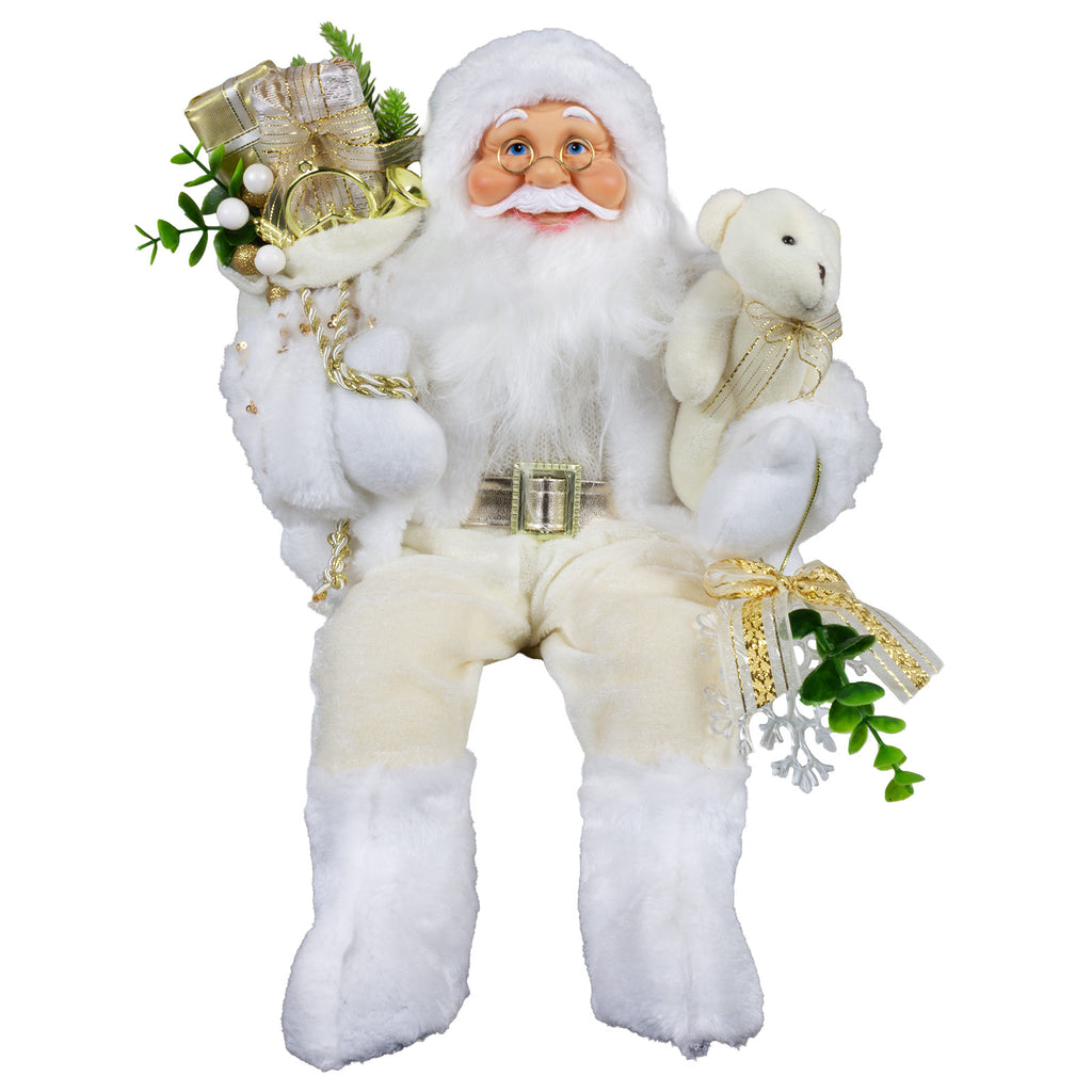 Weihnachtlicher Santa Kantenhocker 45 cm sitzend mit weißem langem Mantel