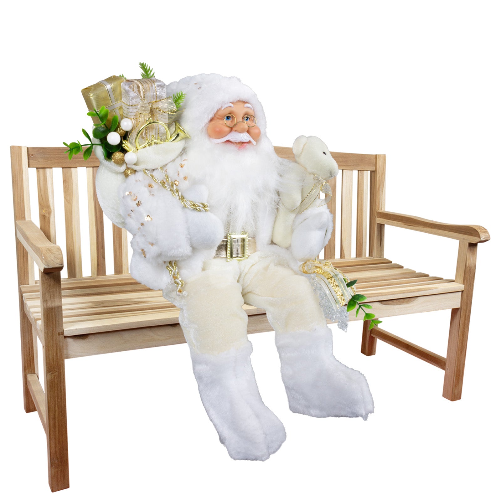 Weihnachtlicher Santa Kantenhocker 45 cm sitzend mit weißem langem Mantel