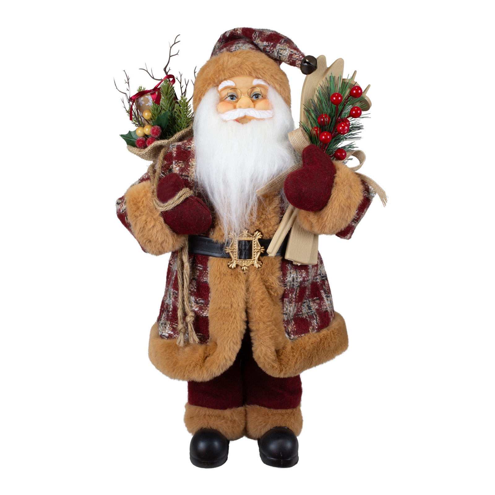 Weihnachtsmann 30cm Santa mit Kurzem Mantel in Karomuster, Ski und Geschenkesack