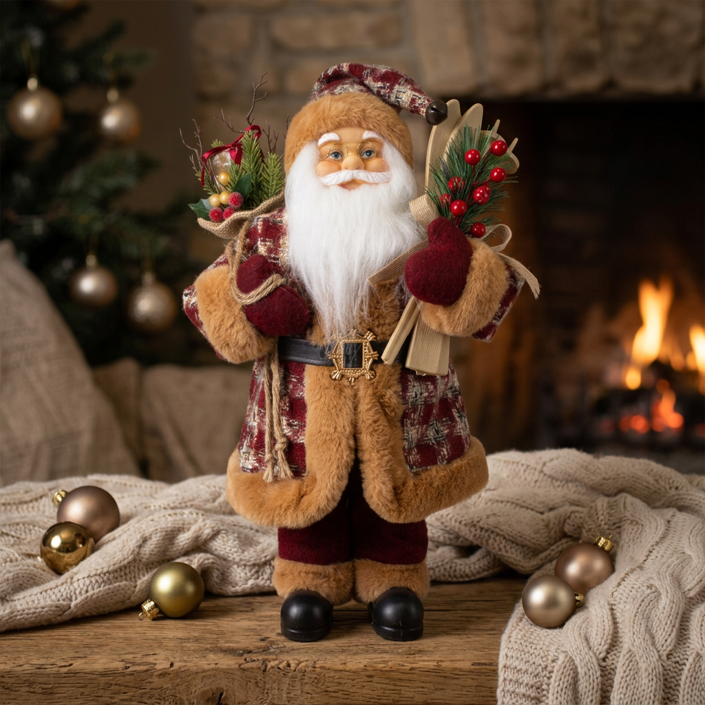 Weihnachtsmann 30cm Santa mit Kurzem Mantel in Karomuster, Ski und Geschenkesack
