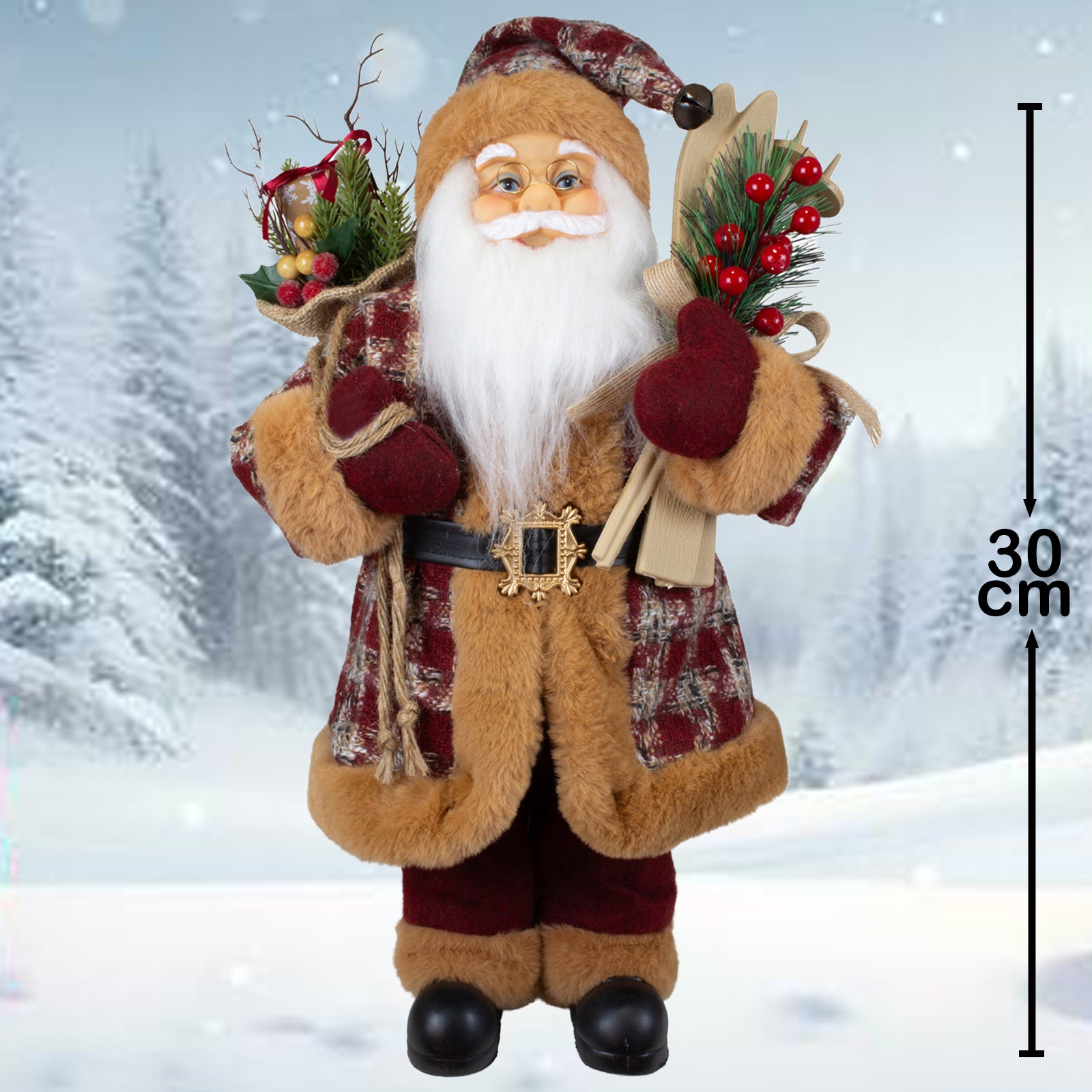 Weihnachtsmann 30cm Santa mit Kurzem Mantel in Karomuster, Ski und Geschenkesack