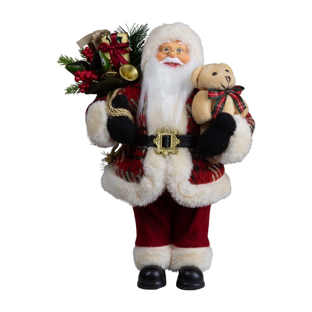 Weihnachtsmann 30cm Santa mit Kurzem Mantel in Karomuster und Teddybär