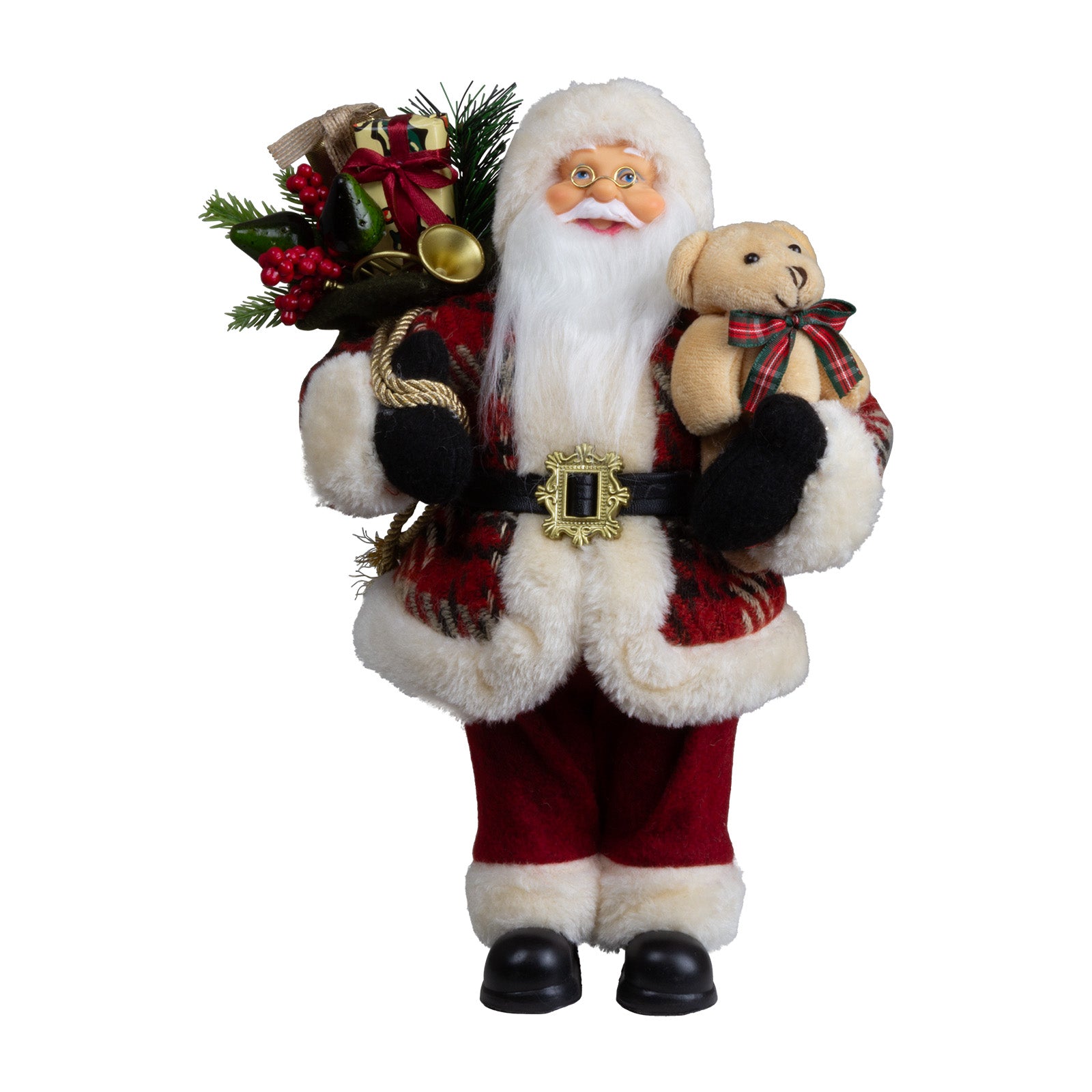 Weihnachtsmann 30cm Santa mit Kurzem Mantel in Karomuster und Teddybär