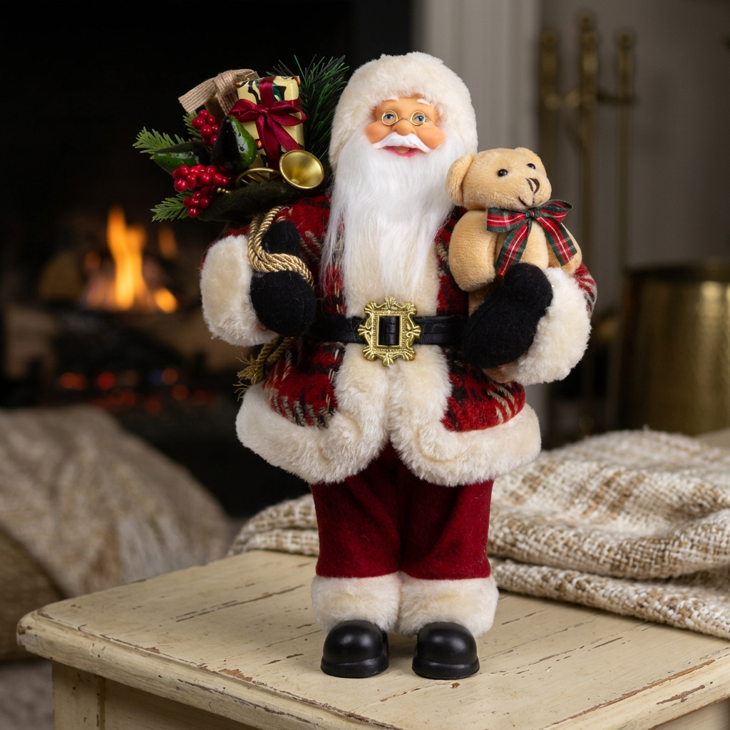Santa Claus 30cm Santa with Short Plaid Coat and Teddy Bear