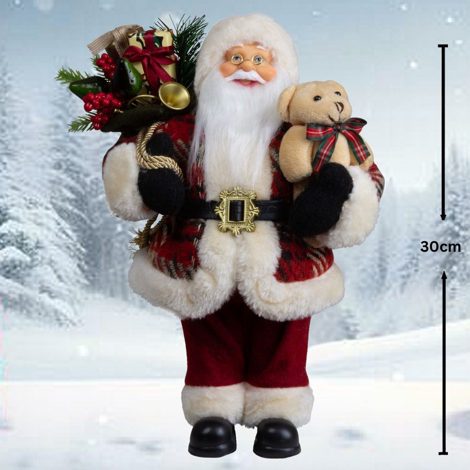 Weihnachtsmann 30cm Santa mit Kurzem Mantel in Karomuster und Teddybär