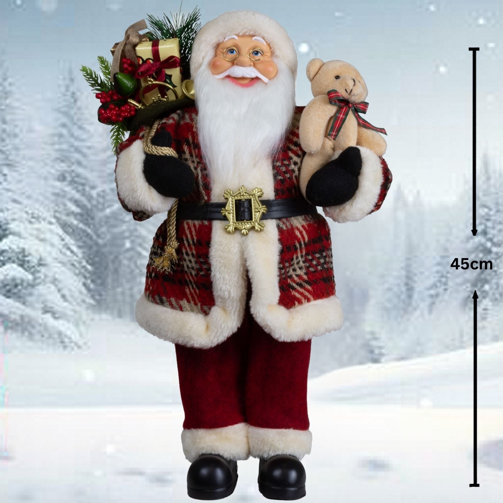 Weihnachtsmann 45cm Santa mit Kurzem Mantel in Karomuster und Teddybär