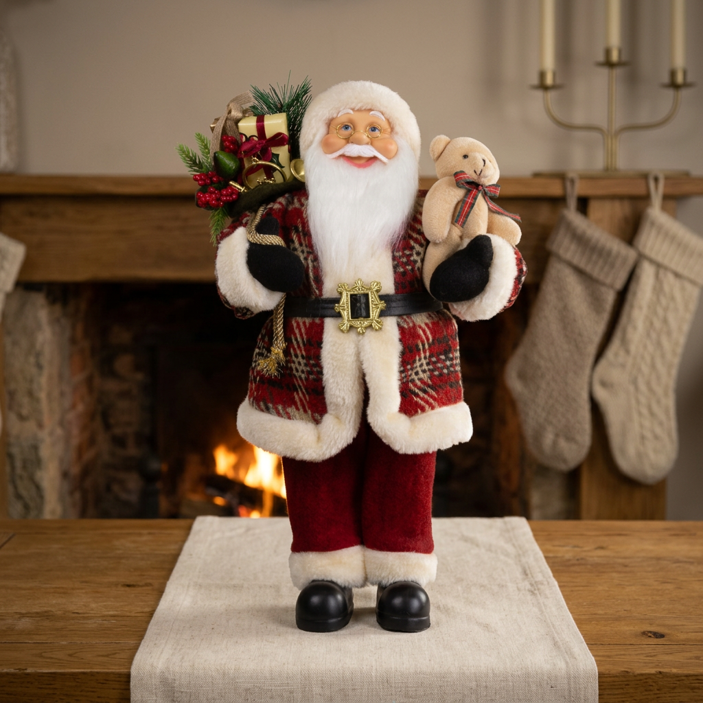 Weihnachtsmann 45cm Santa mit Kurzem Mantel in Karomuster und Teddybär