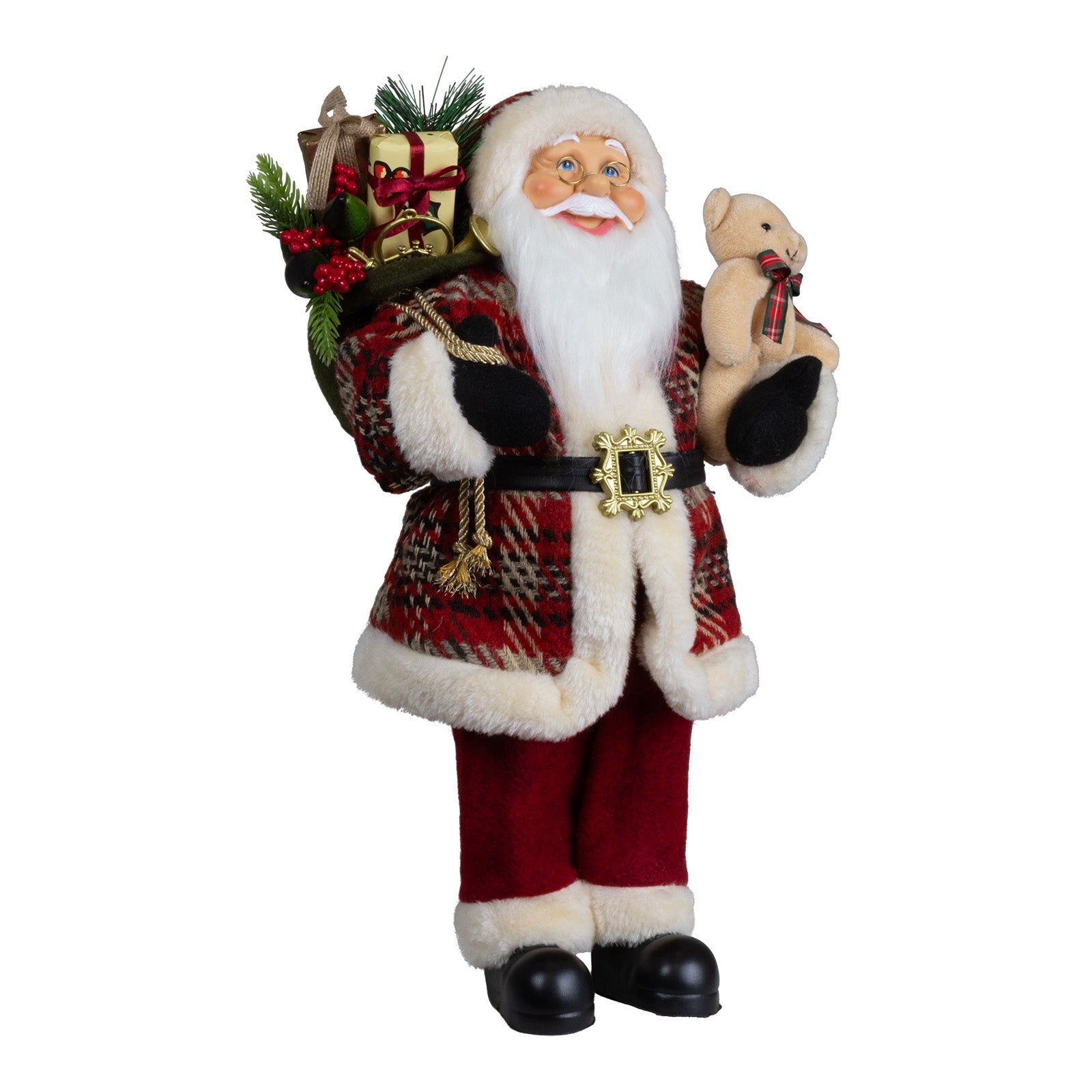 Weihnachtsmann 45cm Santa mit Kurzem Mantel in Karomuster und Teddybär