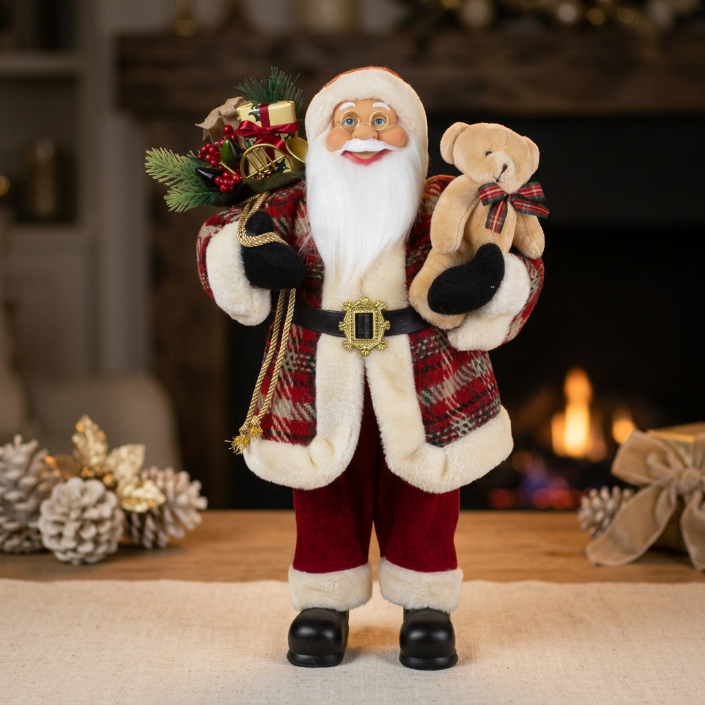 Weihnachtsmann 60cm Santa mit Kurzem Mantel in Karomuster und Teddybär