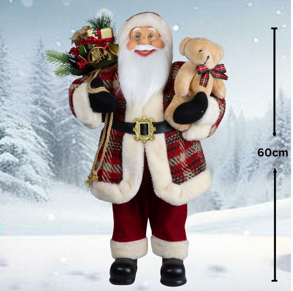 Weihnachtsmann 60cm Santa mit Kurzem Mantel in Karomuster und Teddybär