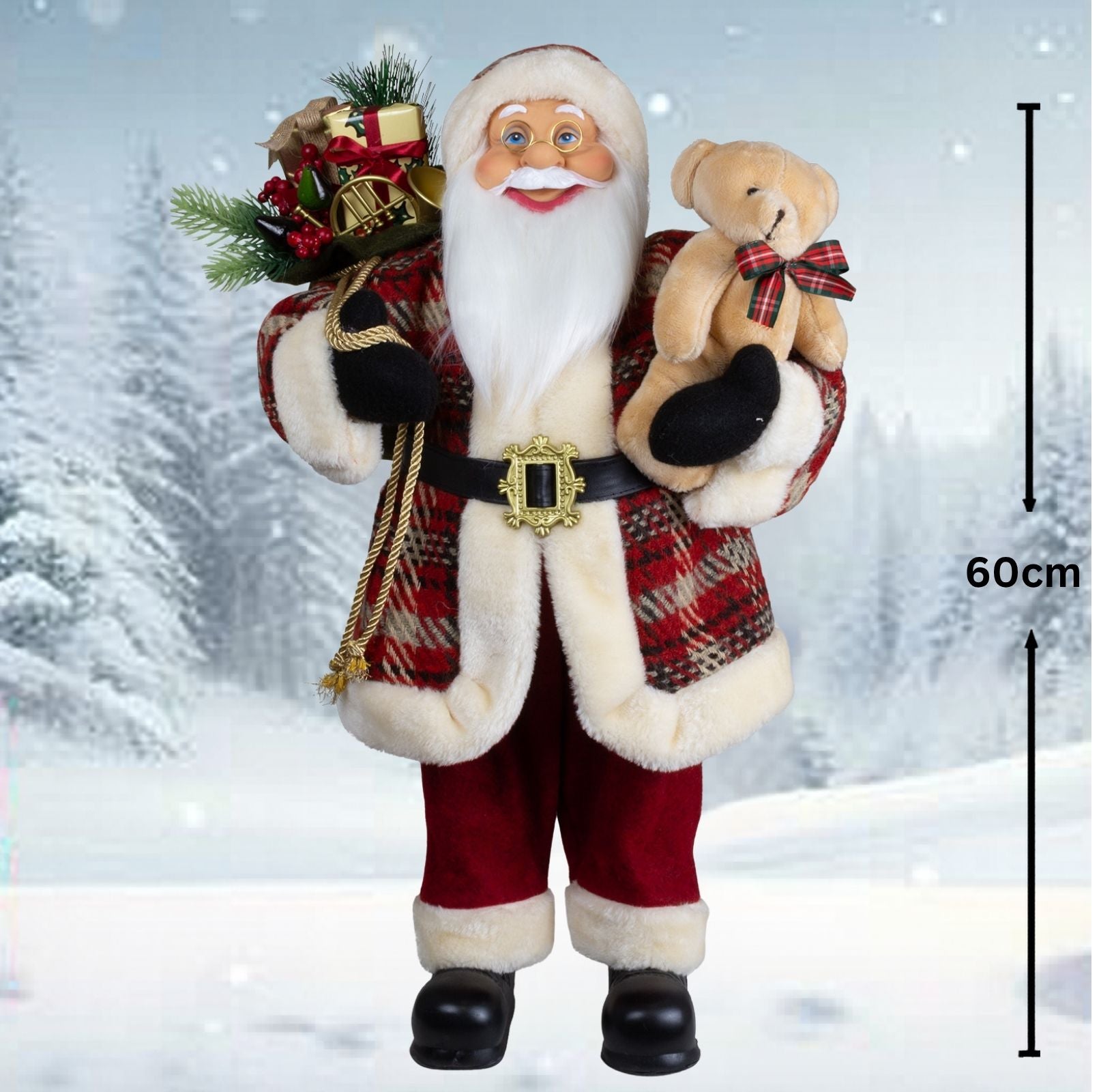 Weihnachtsmann 60cm Santa mit Kurzem Mantel in Karomuster und Teddybär