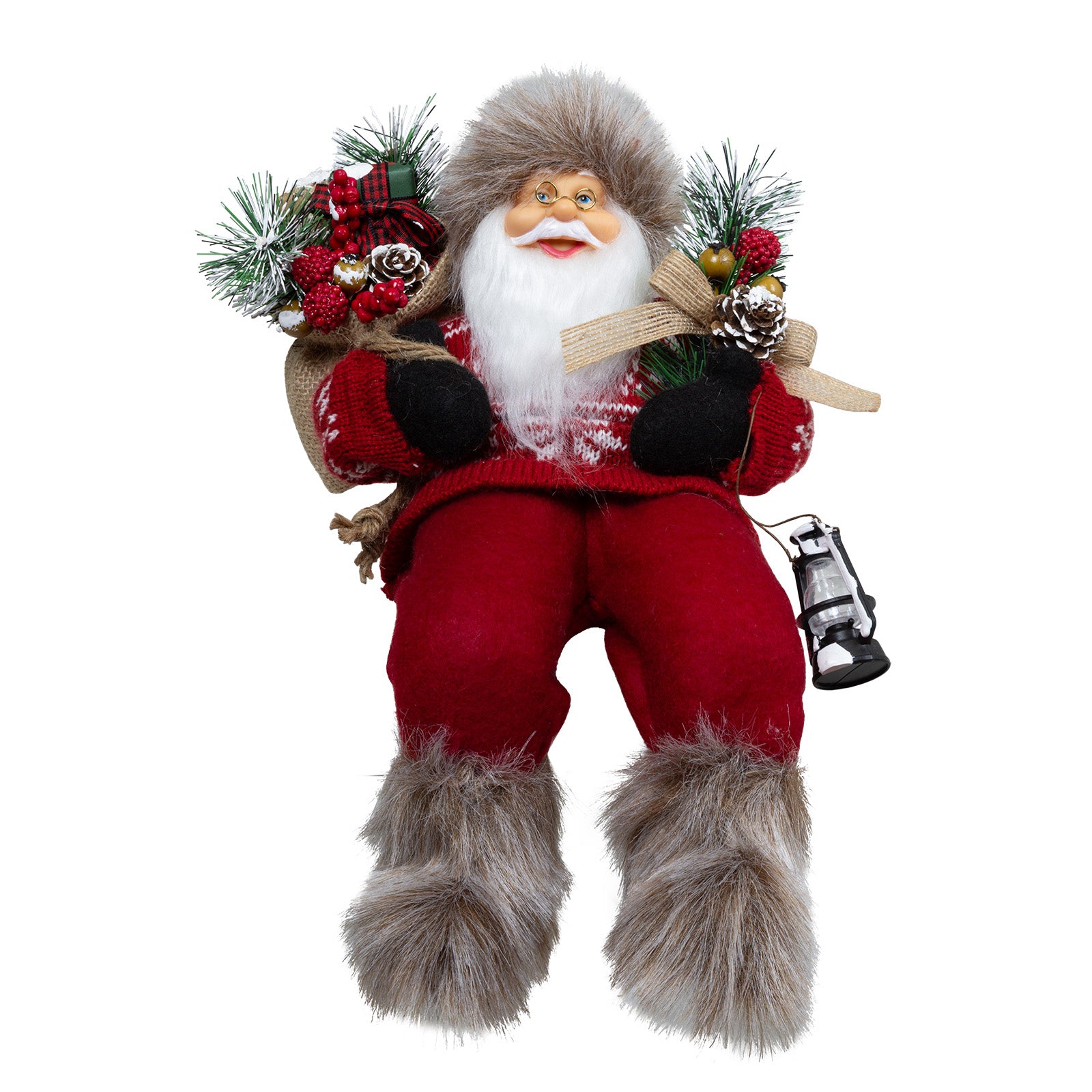 Weihnachtsmann 30 cm mit Laterne, Stiefel mit Fellbesatz, Jutesack und Winterzweigen Kantenhocker