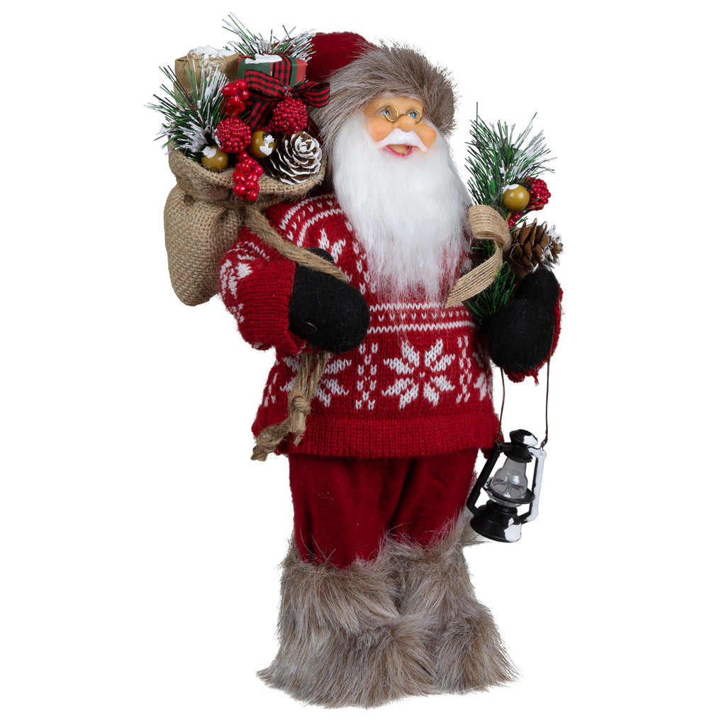 Weihnachtsmann 30 cm stehend mit Laterne, Stiefel mit Fellbesatz, Jutesack und Winterzweigen