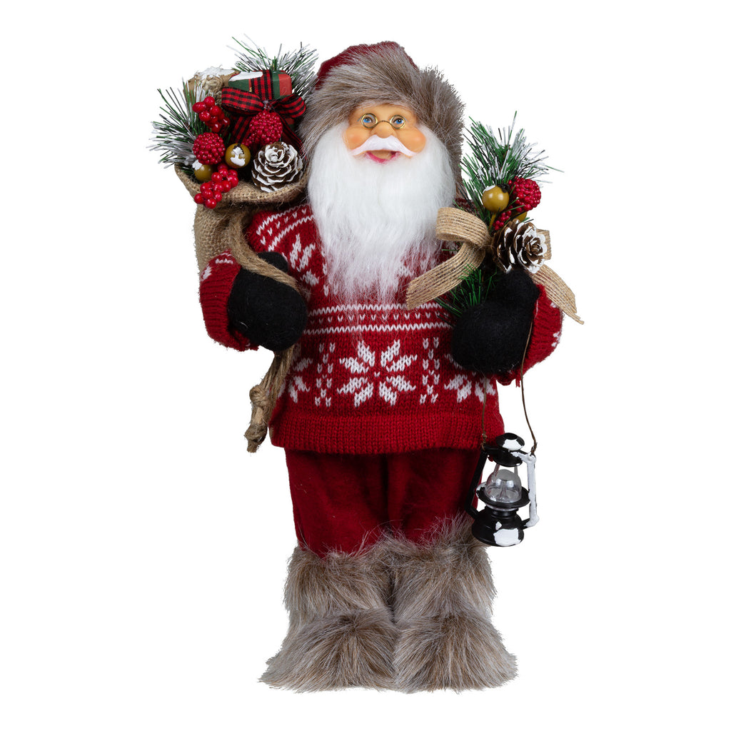 Weihnachtsmann 30 cm stehend mit Laterne, Stiefel mit Fellbesatz, Jutesack und Winterzweigen