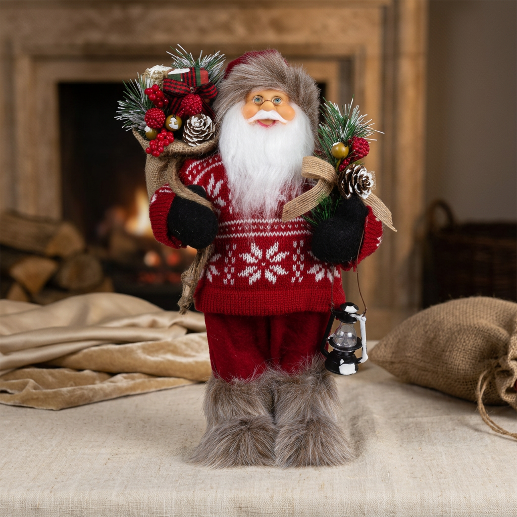 Weihnachtsmann 30 cm stehend mit Laterne, Stiefel mit Fellbesatz, Jutesack und Winterzweigen
