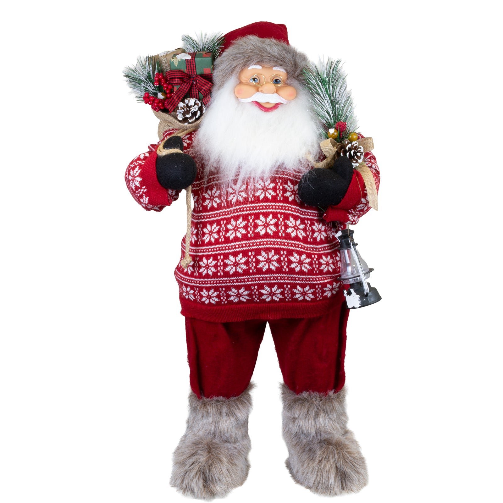 Weihnachtsmann Figur 80 cm – Santa mit Geschenkesack und Laterne