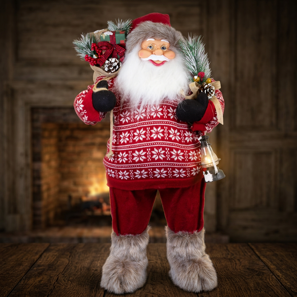 Weihnachtsmann Figur 80 cm – Santa mit Geschenkesack und Laterne