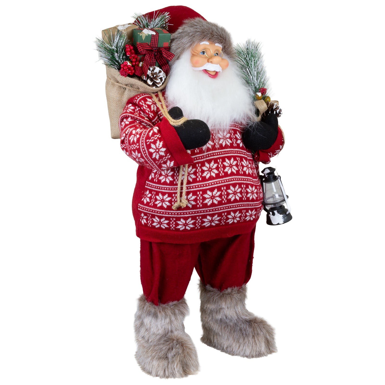 Weihnachtsmann Figur 80 cm – Santa mit Geschenkesack und Laterne