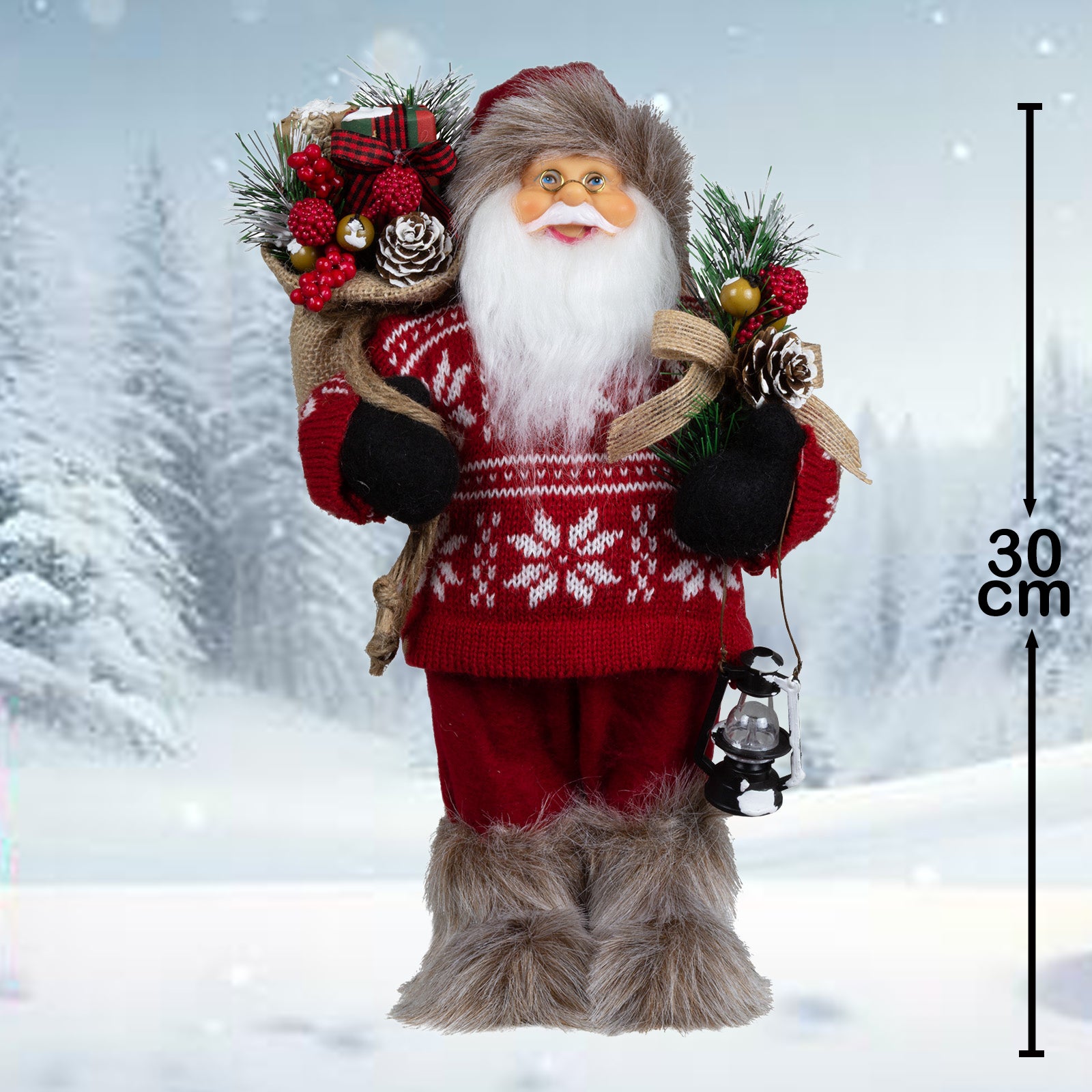 Weihnachtsmann 30 cm stehend mit Laterne, Stiefel mit Fellbesatz, Jutesack und Winterzweigen