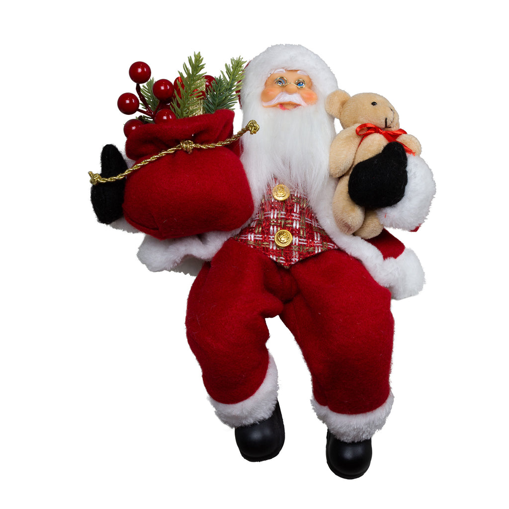 Weihnachtsmann 30cm Santa mit rotem Mantel und Teddybär Kantenhocker