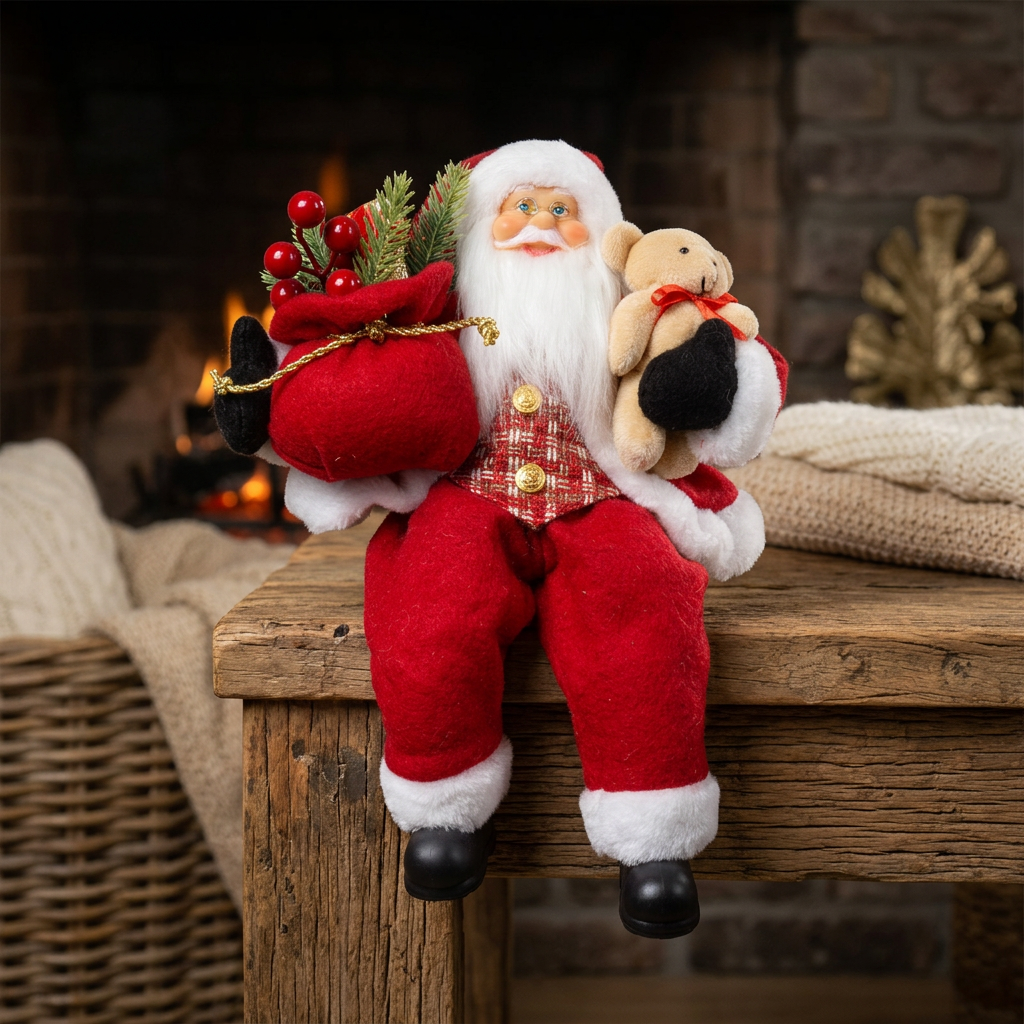 Weihnachtsmann 30cm Santa mit rotem Mantel und Teddybär Kantenhocker