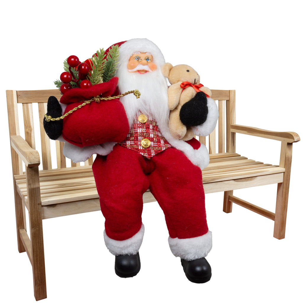 Weihnachtsmann 30cm Santa mit rotem Mantel und Teddybär Kantenhocker
