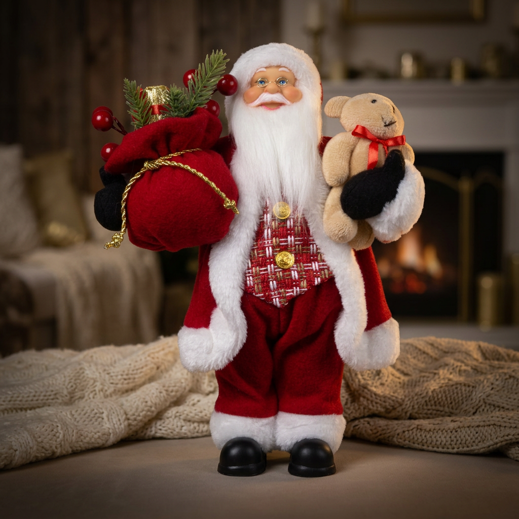 Weihnachtsmann 30cm Santa stehend mit Langem Mantel und Teddybär