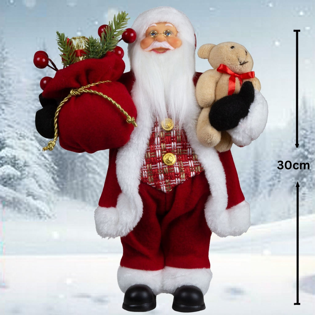 Weihnachtsmann 30cm Santa stehend mit Langem Mantel und Teddybär