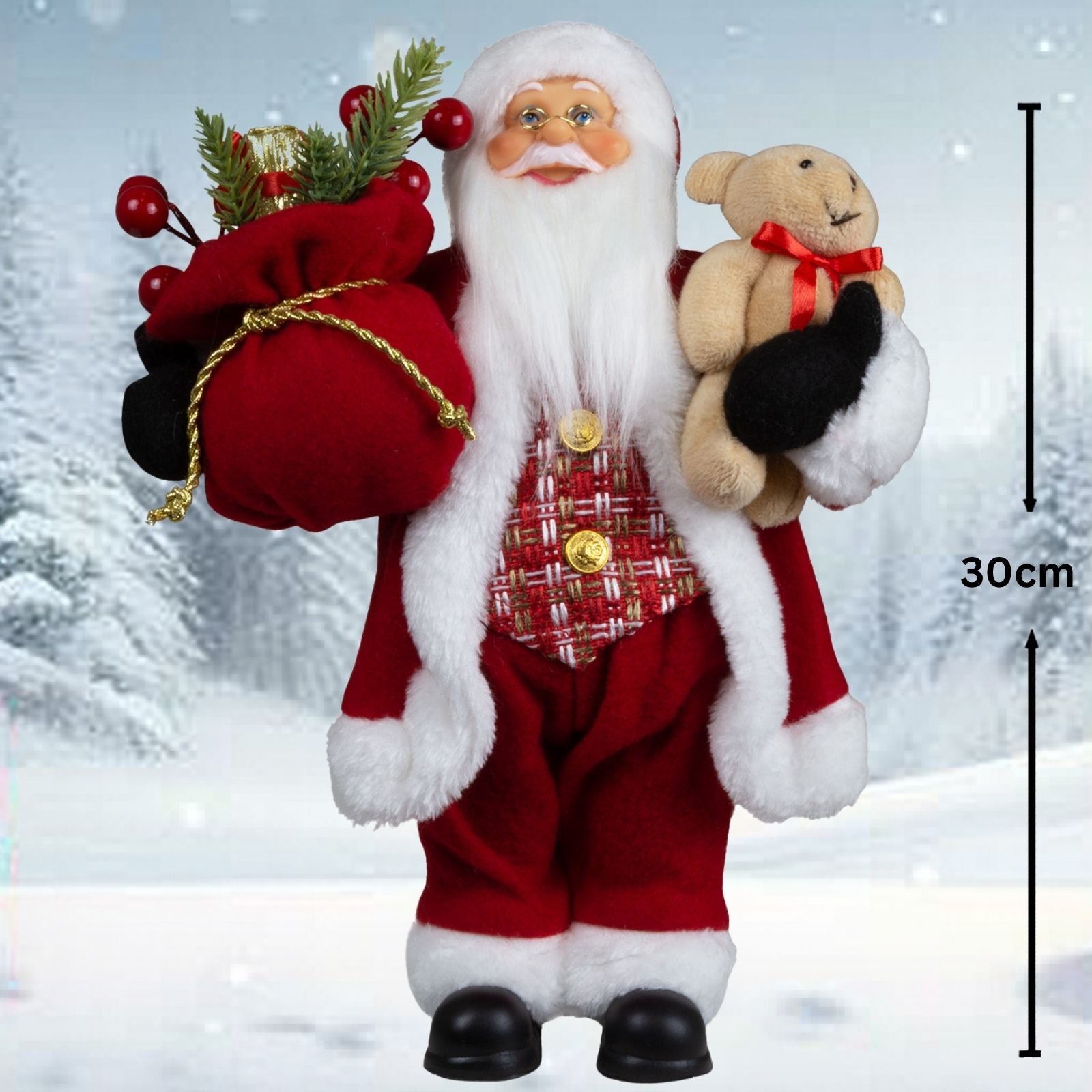 Weihnachtsmann 30cm Santa stehend mit Langem Mantel und Teddybär