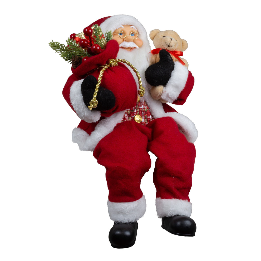 Weihnachtsmann 45cm Santa mit rotem Mantel und Teddybär Kantenhocker