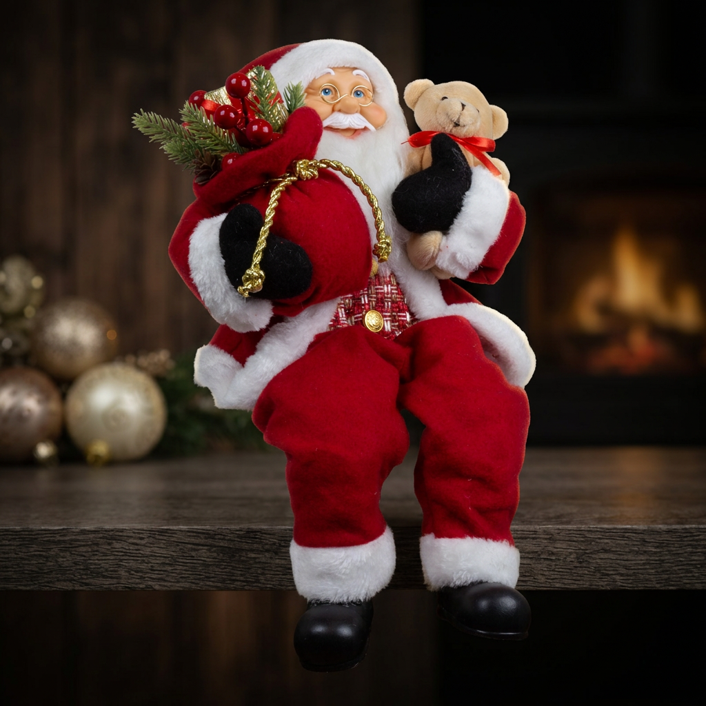 Weihnachtsmann 45cm Santa mit rotem Mantel und Teddybär Kantenhocker