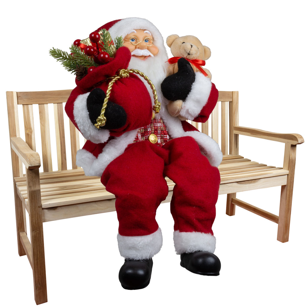 Weihnachtsmann 45cm Santa mit rotem Mantel und Teddybär Kantenhocker