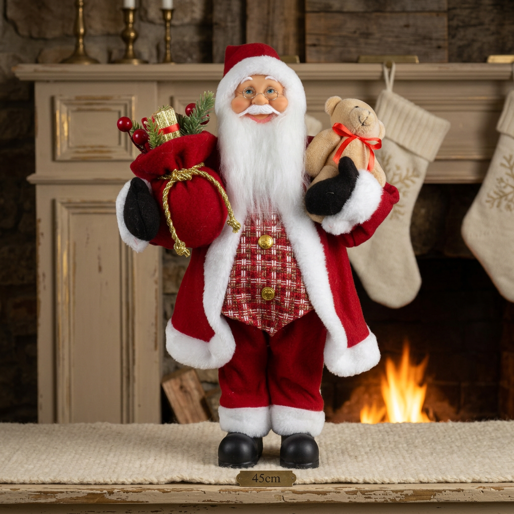 Weihnachtsmann 45cm Santa stehend mit Langem Mantel und Teddybär