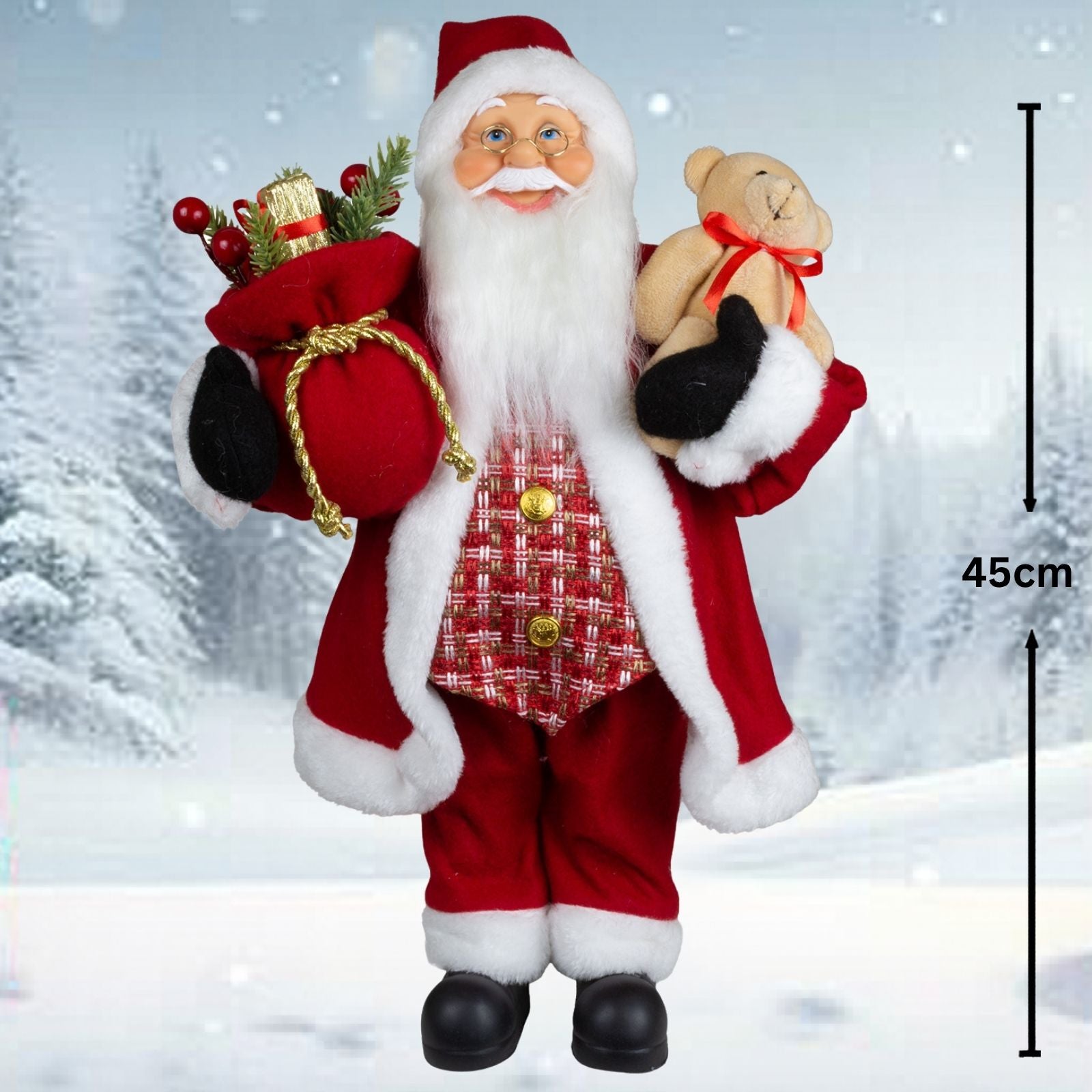 Weihnachtsmann 45cm Santa stehend mit Langem Mantel und Teddybär