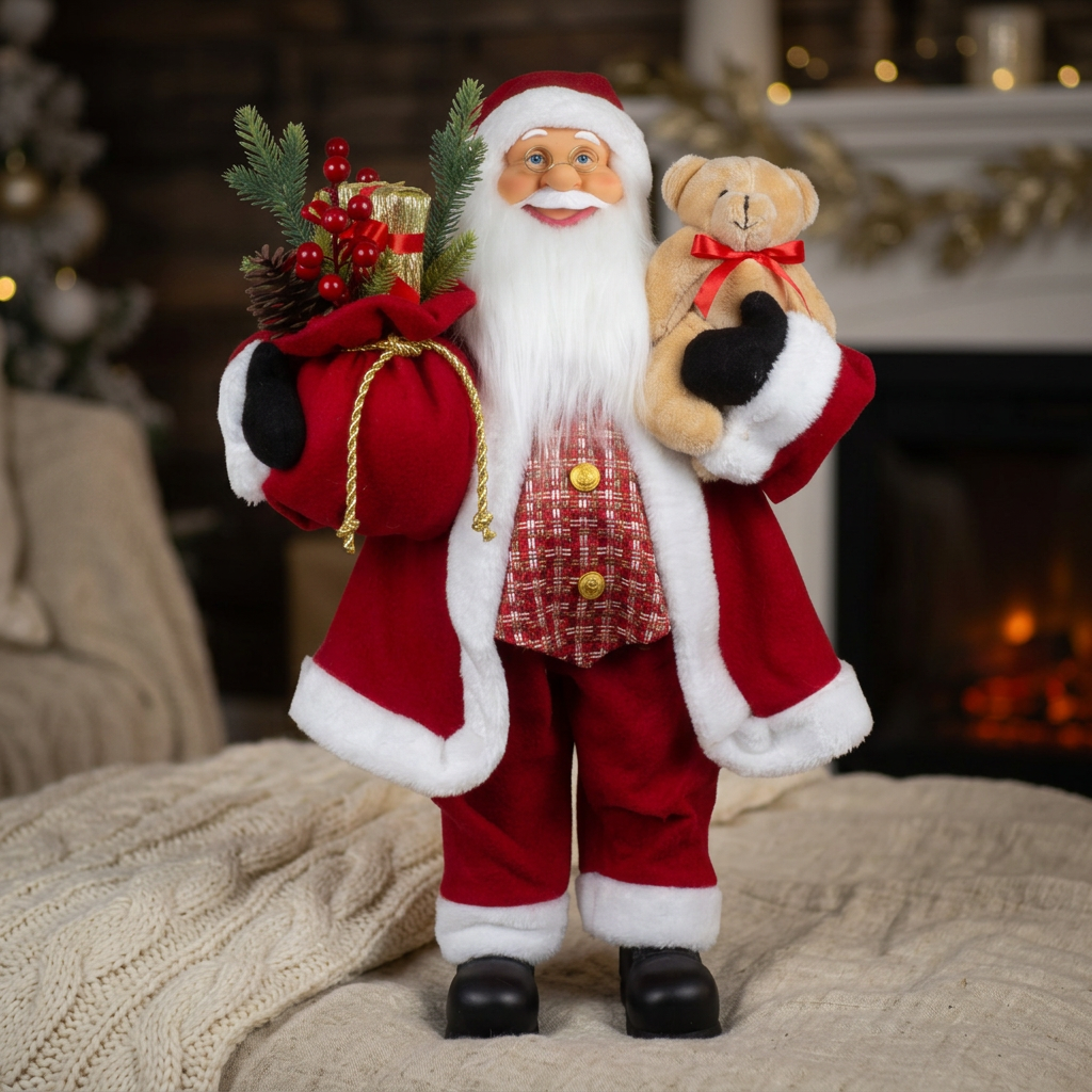 Weihnachtsmann 60cm Santa stehend mit Langem Mantel und Teddybär