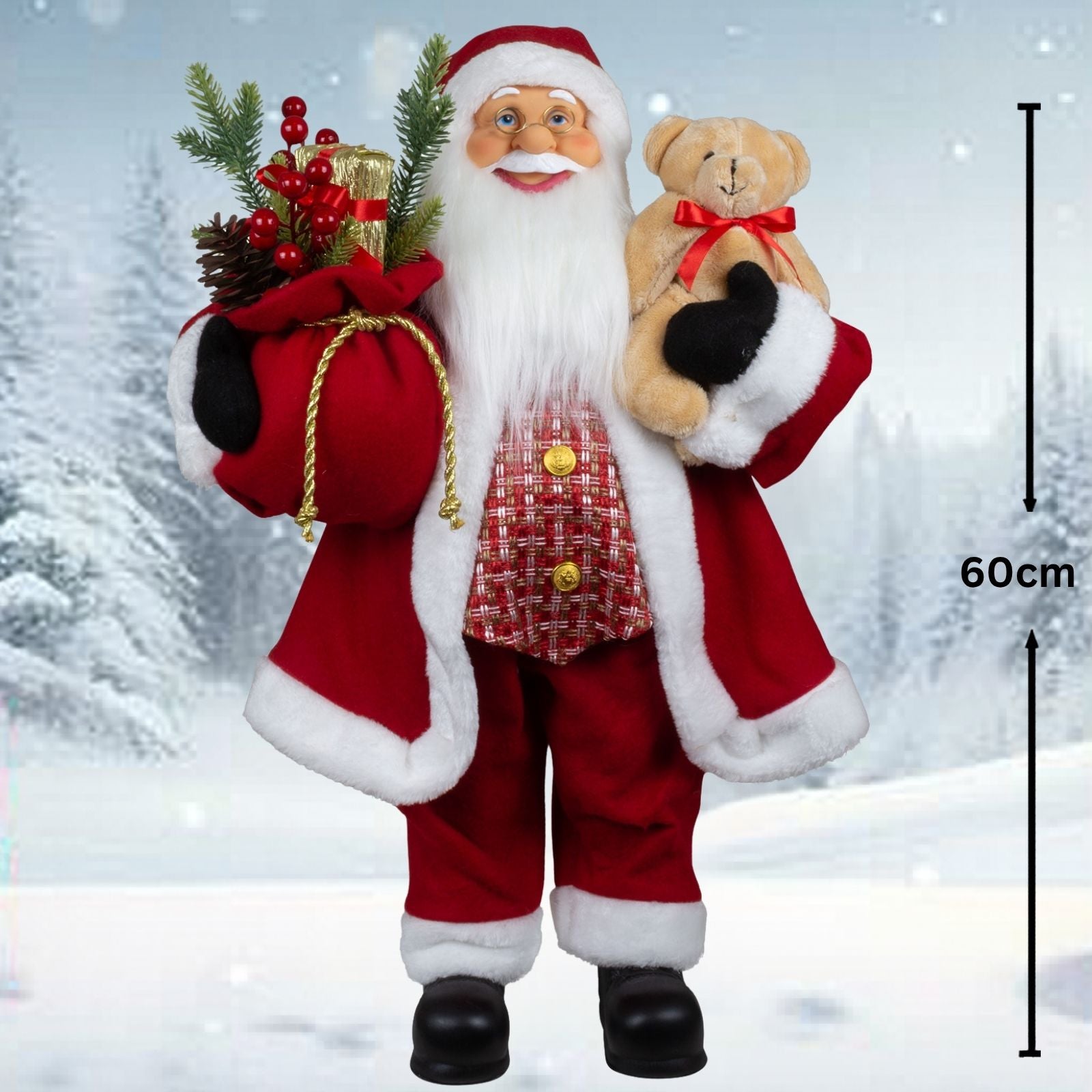 Weihnachtsmann 60cm Santa stehend mit Langem Mantel und Teddybär