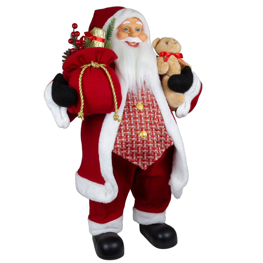 Weihnachtsmann 80cm Santa stehend mit Langem Mantel und Teddybär