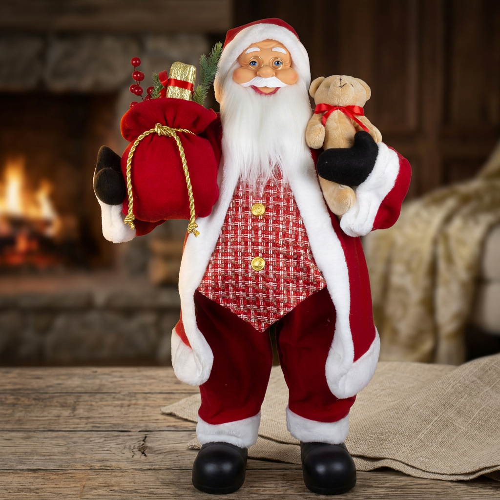 Weihnachtsmann 80cm Santa stehend mit Langem Mantel und Teddybär