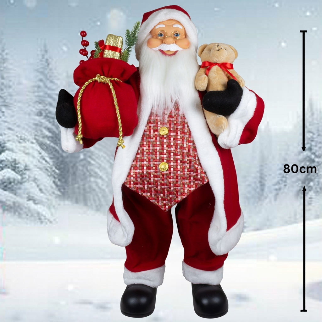 Weihnachtsmann 80cm Santa stehend mit Langem Mantel und Teddybär