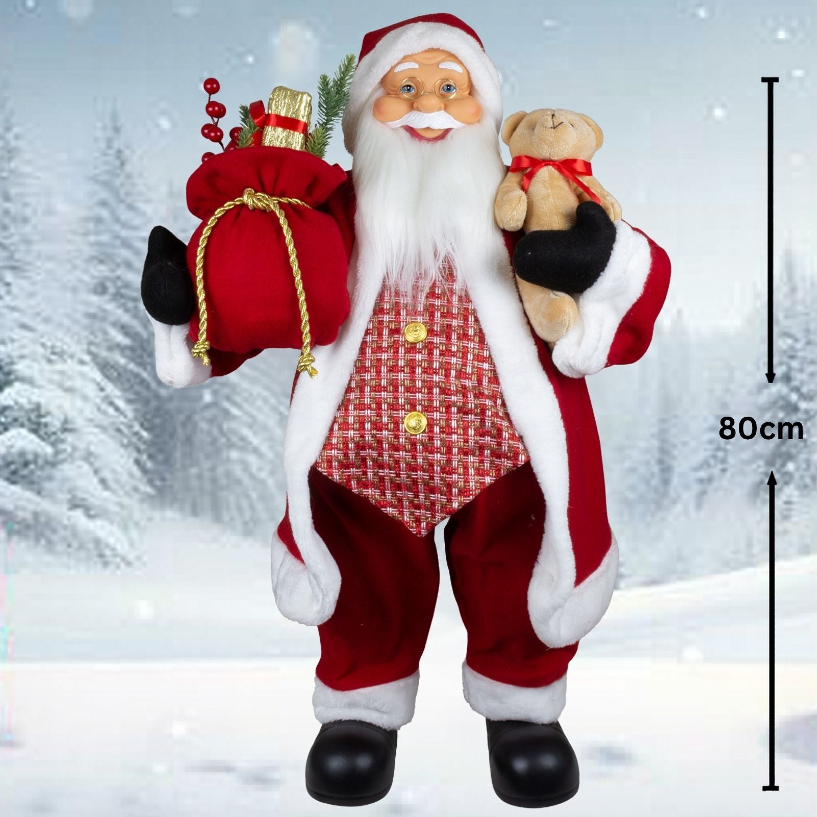 Weihnachtsmann 80cm Santa stehend mit Langem Mantel und Teddybär