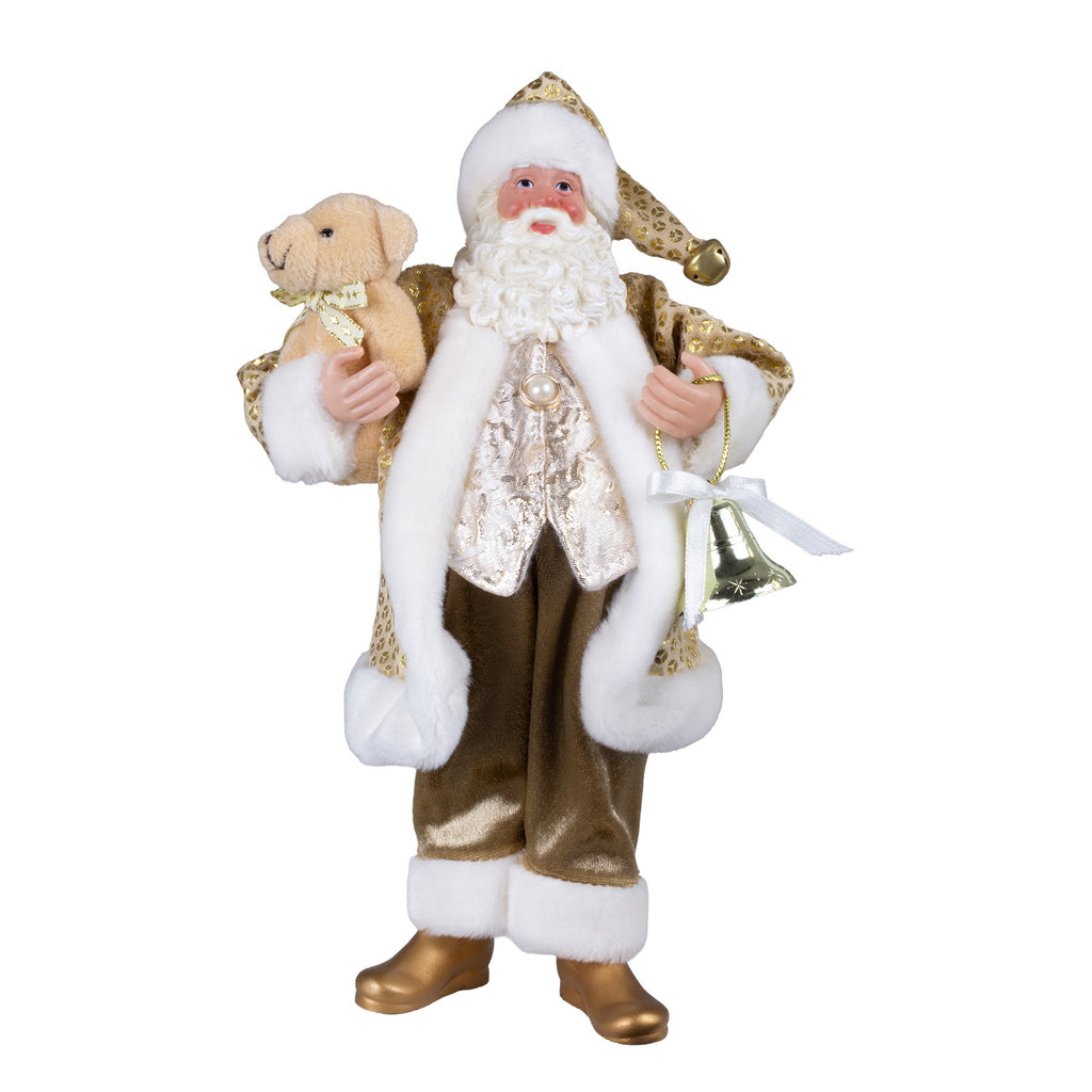 Weihnachtsmann stehend 28cm Santa Claus Dekofigur in gold mit Teddybär & Glöckchen